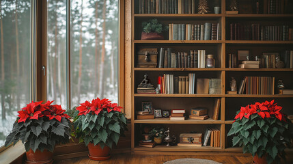 Christmas bookshelf background of interior home library study virtual room window of forest trees. Fall winter snow. poinsettia holiday flowers. Online webinar presentation teams meeting backdrop