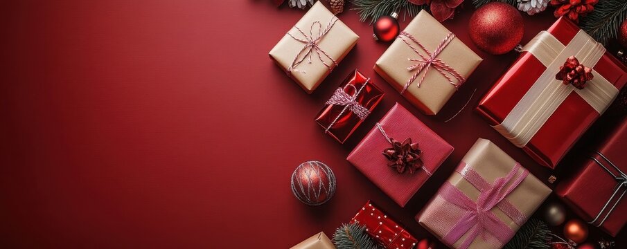 Gift-wrapped office supplies on dark red background, playful holiday business theme