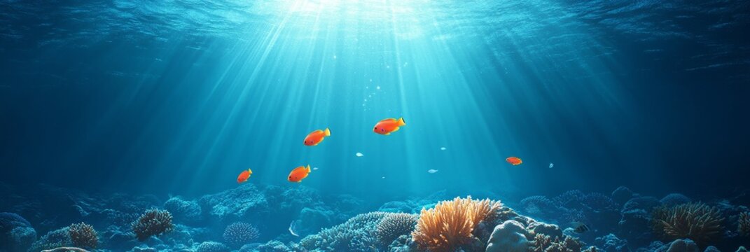 An underwater scene showcasing a vibrant coral reef teeming with life. Sunbeams pierce through the clear water, illuminating colorful fish and intricate coral formations. This image symbolizes the bea