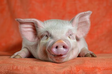 Close-Up Portrait of a Happy Pig Smiling with Eyes Closed on a Neutral Background