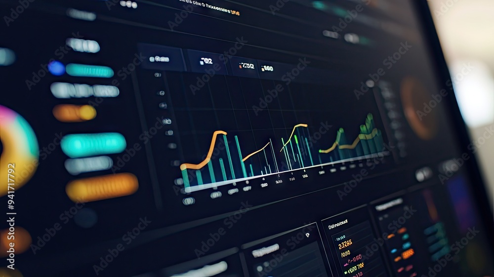 Poster a close-up of a business graph on a computer screen, showing detailed line charts and bar graphs wit