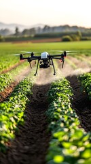 Dramatic photo of an organic farm with drones spraying non-toxic pesticides