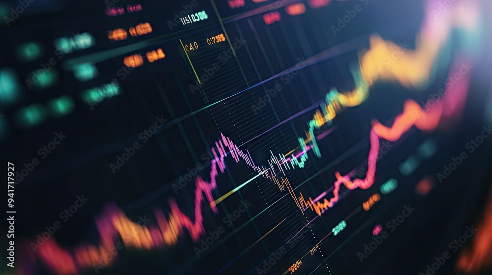 Poster a close-up of a business graph on a computer screen, showing detailed line charts and bar graphs wit