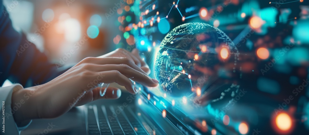 Poster Hands are depicted using a futuristic digital interface displaying global data, symbolizing advanced technology and innovation. This illustration reflects modern tech progress and connectivity