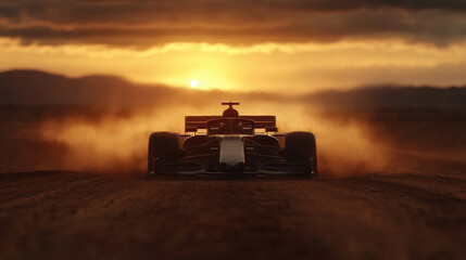 Fototapeta premium A race car speeds across a dusty dirt track during sunset, kicking up clouds of dust against a backdrop of golden light.