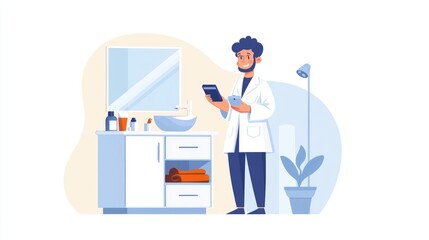 Illustration of a doctor in a clinic with medical tools, examining a tablet in a modern healthcare environment.