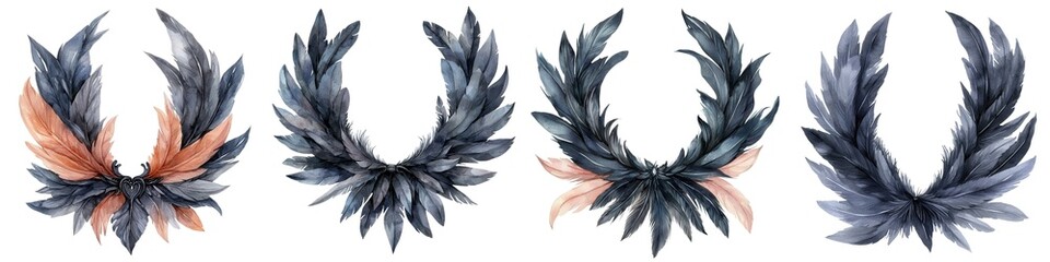 Obraz premium A gothic feathered collar, watercolor illustration, dramatic fashion, isolated on white background