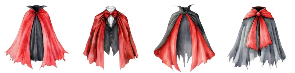 A gothic vampire cape, watercolor art, dramatic flair, isolated on white background