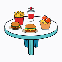 Food Variety on Table Hamburger, Fries & More on White Background