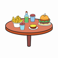 Food Variety on Table Hamburger, Fries & More on White Background