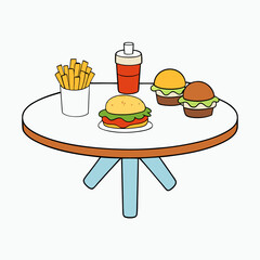 Food Variety on Table Hamburger, Fries & More on White Background