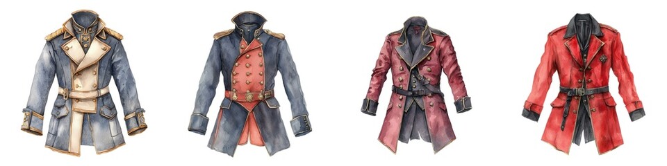 A gothic military coat, watercolor illustration, Victorian gothic, isolated on white background