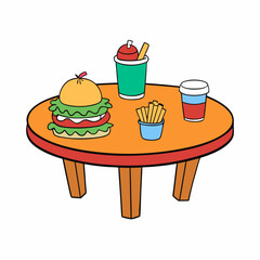 Food Variety on Table Hamburger, Fries & More on White Background