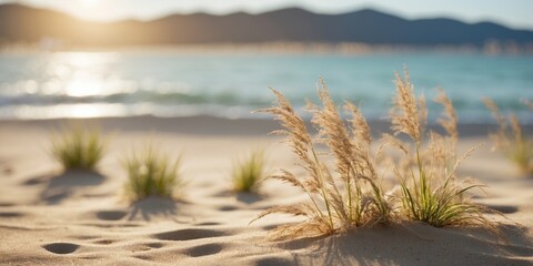 grasses grow amidst the sand, sea distances.