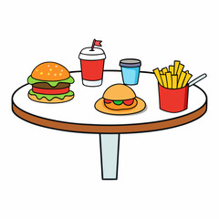 Food Variety on Table Hamburger, Fries & More on White Background