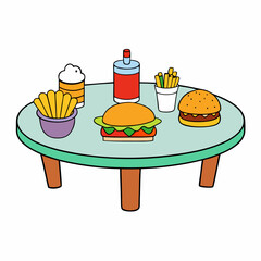 Food Variety on Table Hamburger, Fries & More on White Background