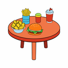 Food Variety on Table Hamburger, Fries & More on White Background