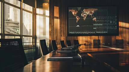 Serene Boardroom with Large Monitor Showing Global News Feed on Geopolitical Risks, Strategic Decision-Making Environment.