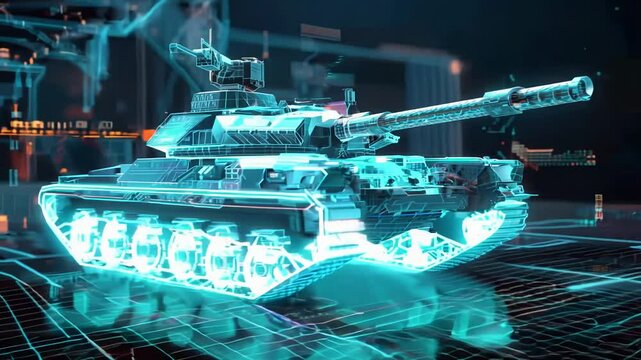 Futuristic Digital Tank with Glowing Neon Lights and Technological Background in a Sci-Fi Setting