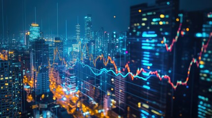 A close-up of a financial graph with fluctuating lines, overlaid on a cityscape at night, symbolizing market volatility.