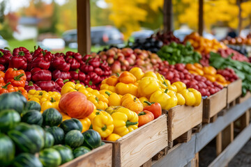 A colorful autumn market stall overflowing with fresh, locally harvested produce, capturing the essence of community and season 
