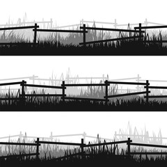 Meadow silhouettes with grass and old wooden fence. Countryside, panoramic summer lawn rural landscape with herbs, weeds. Herbal border, frame element. Black horizontal banners. Vector illustration