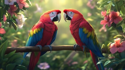 Obraz premium Two colorful macaws perched on a branch, surrounded by lush tropical foliage, symbolizing love, companionship, and the beauty of nature. Their vibrant plumage creates a stunning visual contrast agains