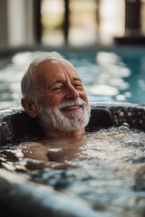 Senior man enjoying his retirement in the jacuzzi of a hotel spa