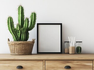 Cactus in a wicker pot with framed artwork and decorative jars on a wooden dresser Minimalist decor 169 characters