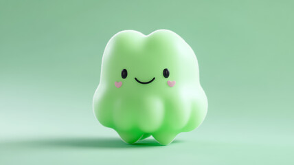 Adorable pastel-colored gas creature floating with a mischievous grin cloud-like body with wispy tendrils soft green hue with tiny hearts surrounding it cartoonish yet stinky charm 