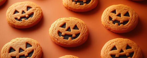 Fototapeta premium Glowing jack-o'-lantern cookies on deep orange background with eerie lighting, playful Halloween food vibe