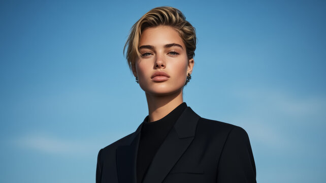 Androgynous model with ethereal beauty wearing a deconstructed suit blending sharp lines with soft details strong pose with a serene expression high-fashion editorial 