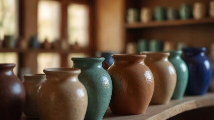 Pottery and ceramics displayed in sunlit store interior.
