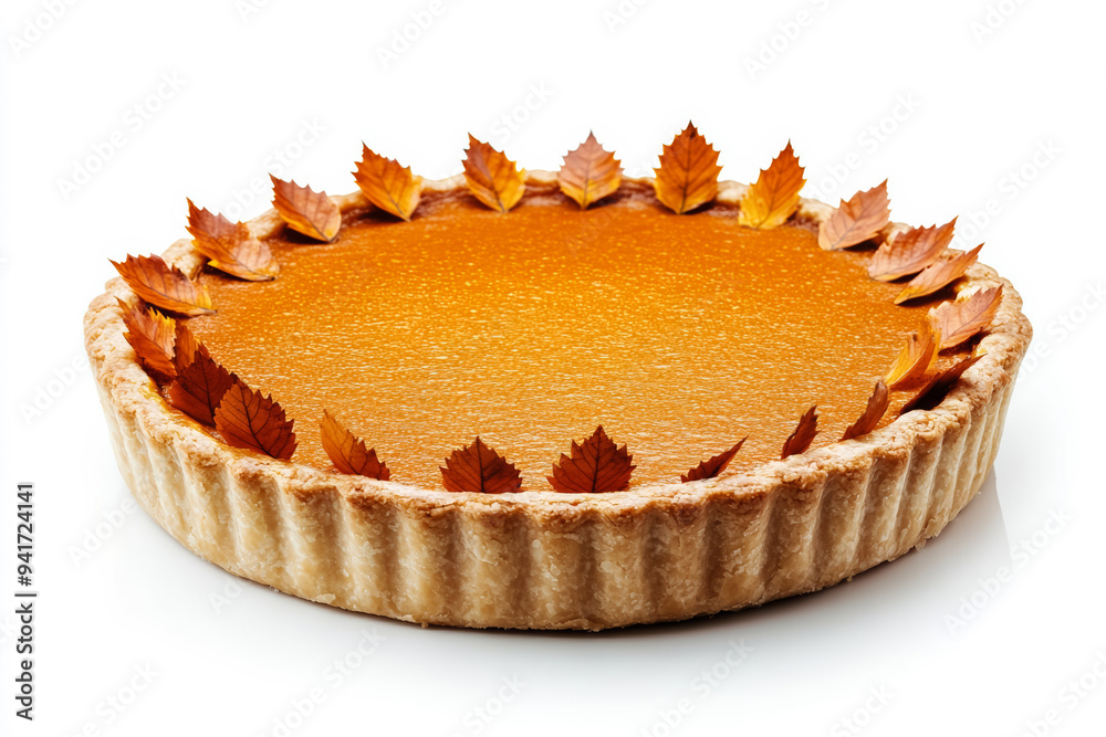 Canvas Prints Autumnal pumpkin pie with decorative leaves, isolated on a white background 