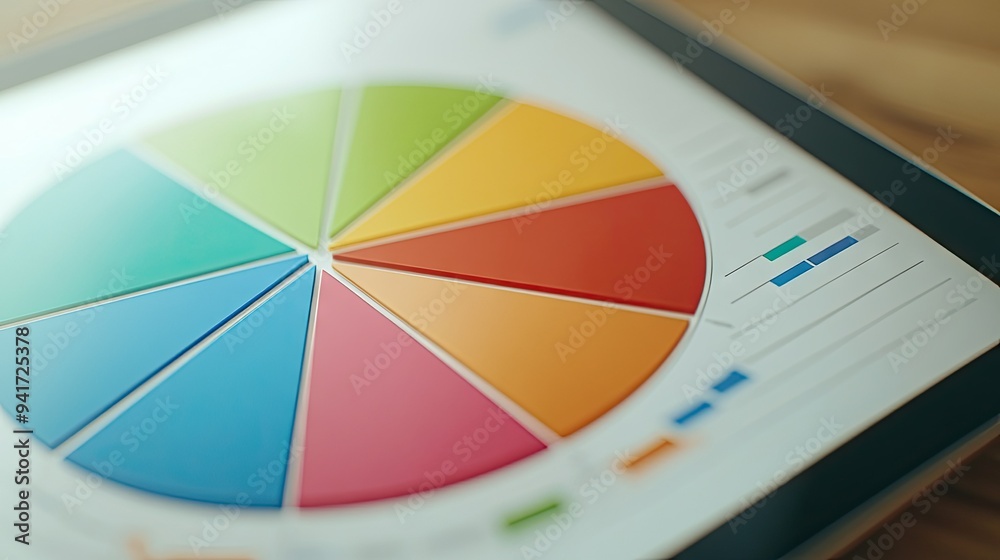 Poster a close-up of a pie chart on a digital tablet, showing segmented slices in different colors with cle