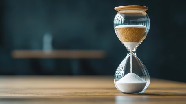 An hourglass with the top half representing worklife balance, and the bottom half showing a declining balance as time passes