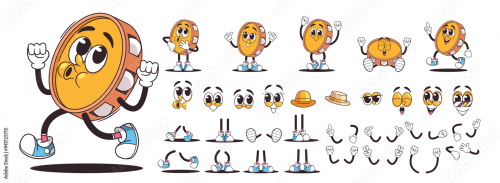 Wall mural retro cartoon tambourine character with various emotional expressions and different poses. funny and