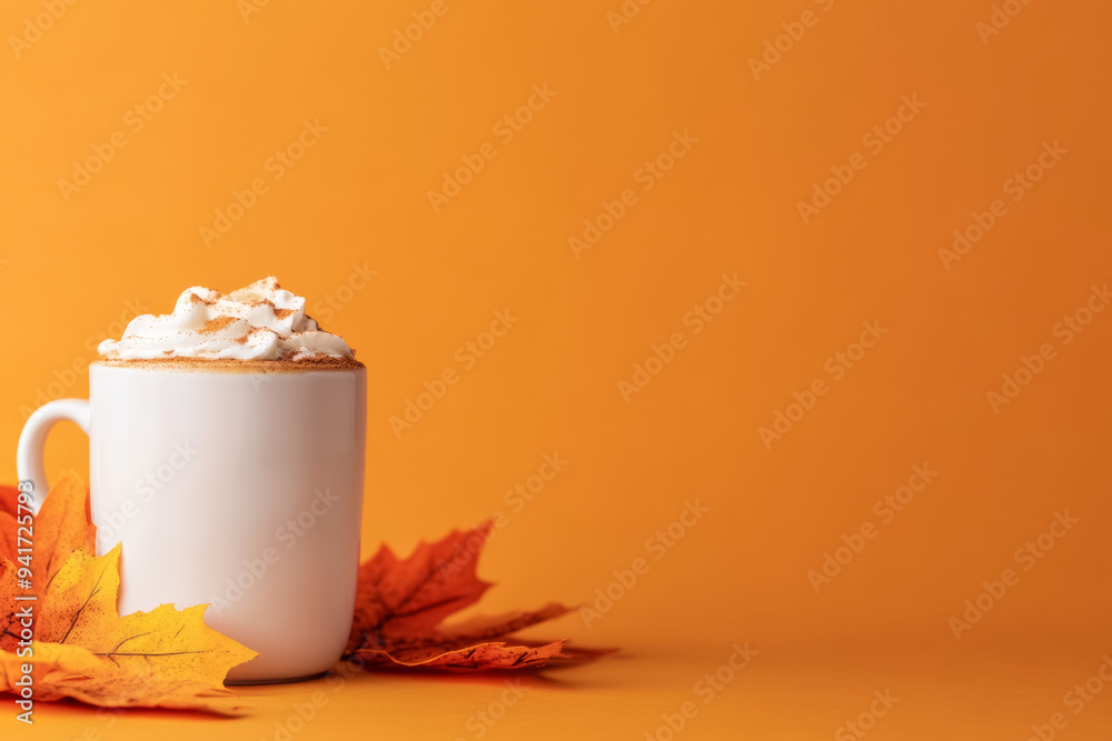 Wall mural Cinnamon-spiced pumpkin latte with fall foliage, isolated on a gradient background 