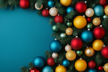 Christmas and New Year tree decorations in deep blue, vibrant red, pale yellow, and seafoam green color palette 
