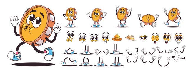Retro Cartoon Tambourine Character With Various Emotional Expressions And Different Poses. Funny And Playful Elements