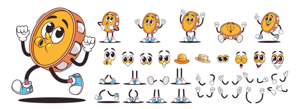 Retro Cartoon Tambourine Character With Various Emotional Expressions And Different Poses. Funny And Playful Elements