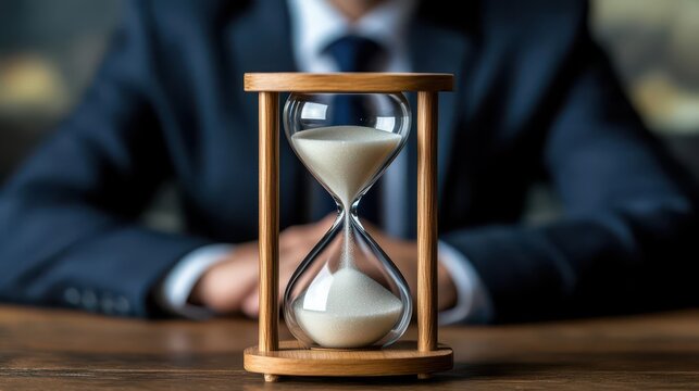 A businessman in a suit staring at an hourglass as the sand slowly fills the bottom