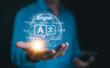 Multilingual Language Translation Technology Concept. A person holding holographic globe with...