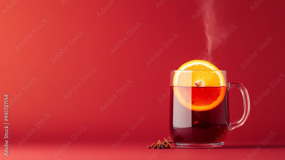 Poster Cozy mulled wine with red wine, cloves, and orange slices, steam rising from the glass mug, warm autumn hues on a gradient background transitioning from deep burgundy to golden amber 