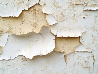 Closeup of peeling paint on a white wall revealing layers of beige paint underneath The cracked and peeling surface creates an abstract texture