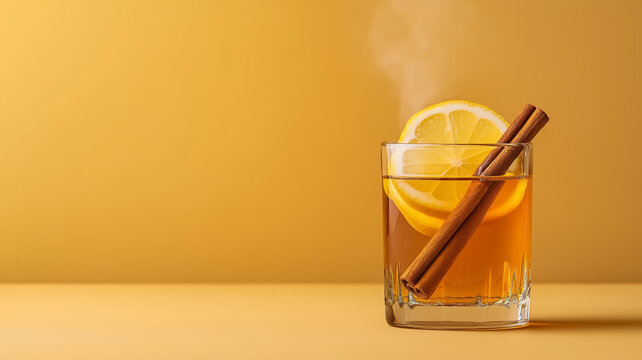 Cozy hot toddy with bourbon, honey, and lemon, topped with a cinnamon stick and cloves, warm steam rising against a gradient background transitioning from soft golden yellow to deep brown 