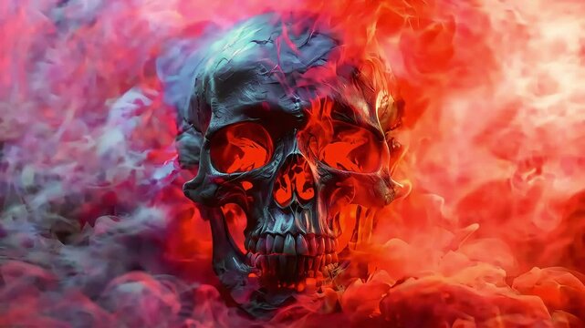 A dark blue skull emerges from a fiery red and white smoke.