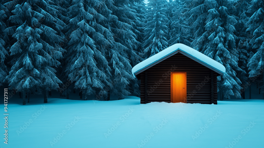 Sticker Cozy winter cabin with a partially open door showing snow-covered trees outside a warm inviting glow inside with frost-kissed pine branches visible 