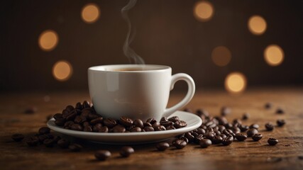 Fototapeta premium Cup of coffee with scattered coffee beans.