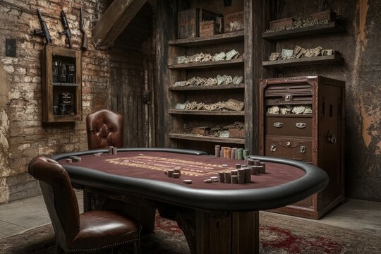 An intimate setting featuring a robust poker table surrounded by rustic, exposed brick walls and shelves brimming with old banknotes, exuding a historic vibe.